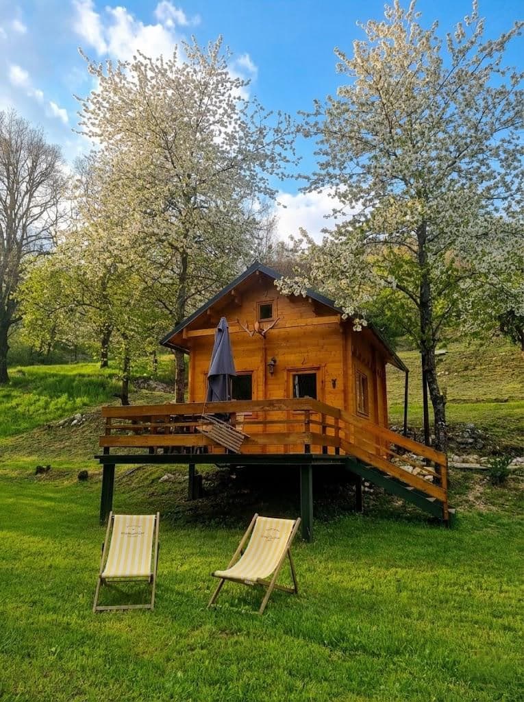 Vue extérieure du chalet cocooning en bois à Gréolières